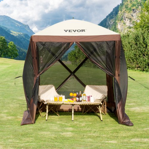 tent-met-luifel-382her-1.jpg VEVOR Pop up Paviljoentent, pop up tent met luifel aan 4 zijden, zonbescherming met 4 verwijderbare privacyschermen en gaasramen, 1,83 x 1,83 m, snel op te zetten tent met muggennet, bruin | VEVOR NL - Afbeelding 1