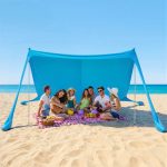 VEVOR strandtent met zonbescherming (UPF 50+) 3,4 x 3,4 x 2 m, strandtent met steunpalen, zandschepjes en draagtas, draagbare zonnescherm voor ...