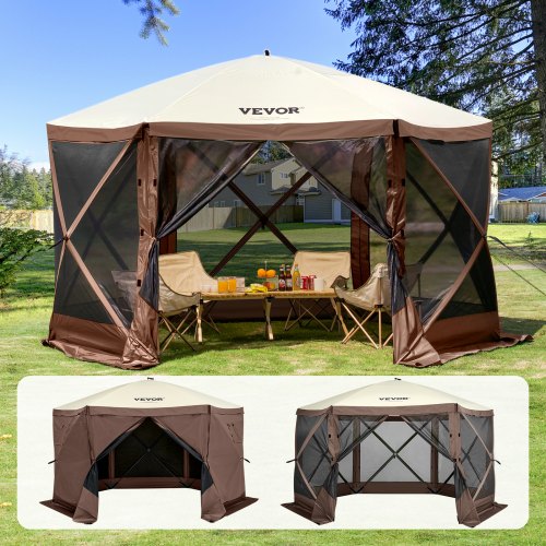 uitklap-tent-871mdt-1.jpg VEVOR Pop Up Gazebo Tent, Pop Up Tent met 6 zijdige luifel, zonnescherm met 6 verwijderbare privacy winddoeken en gaasramen, 12,5 x 12,5 voet, snel op te zetten tent met klamboe, bruin | VEVOR NL - Afbeelding 1